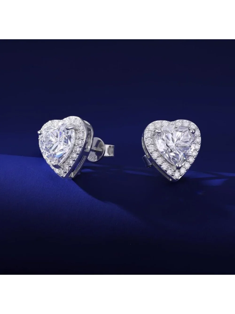 Elegant Moissanite Heart Stud Earrings, 18K White Gold Plated, Screw Back